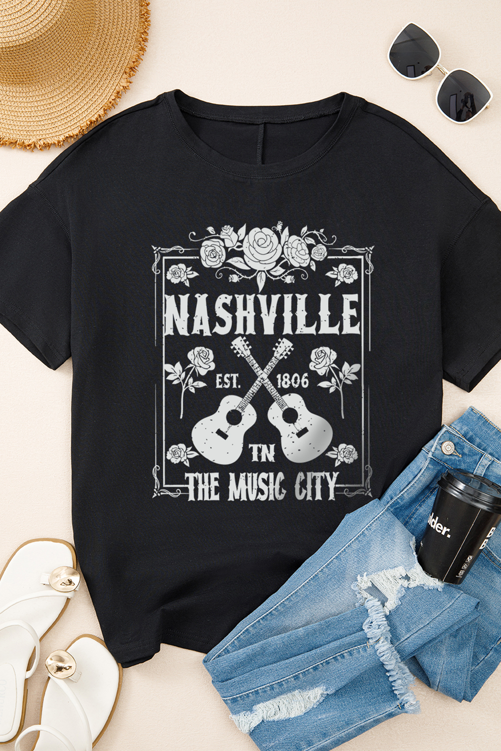 Black Rose Guitar Nashville Music City Graphic Tunic T Shirt - loveforevers