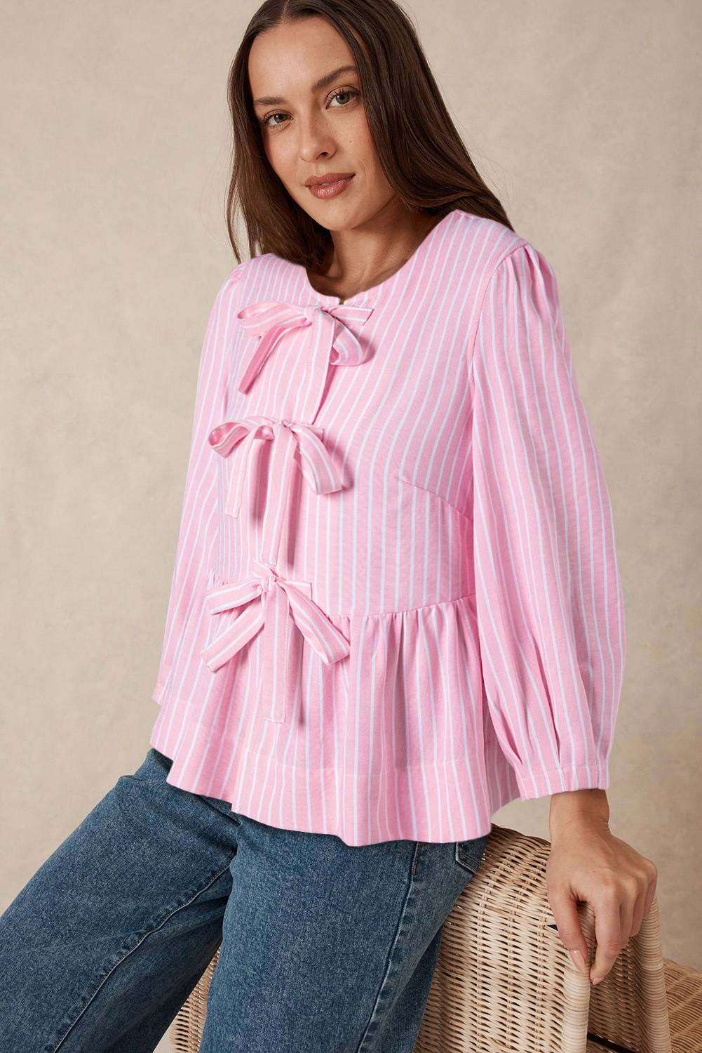 Pink Stripe Bowknot Front Crew Neck Puff Sleeve Blouse - loveforevers