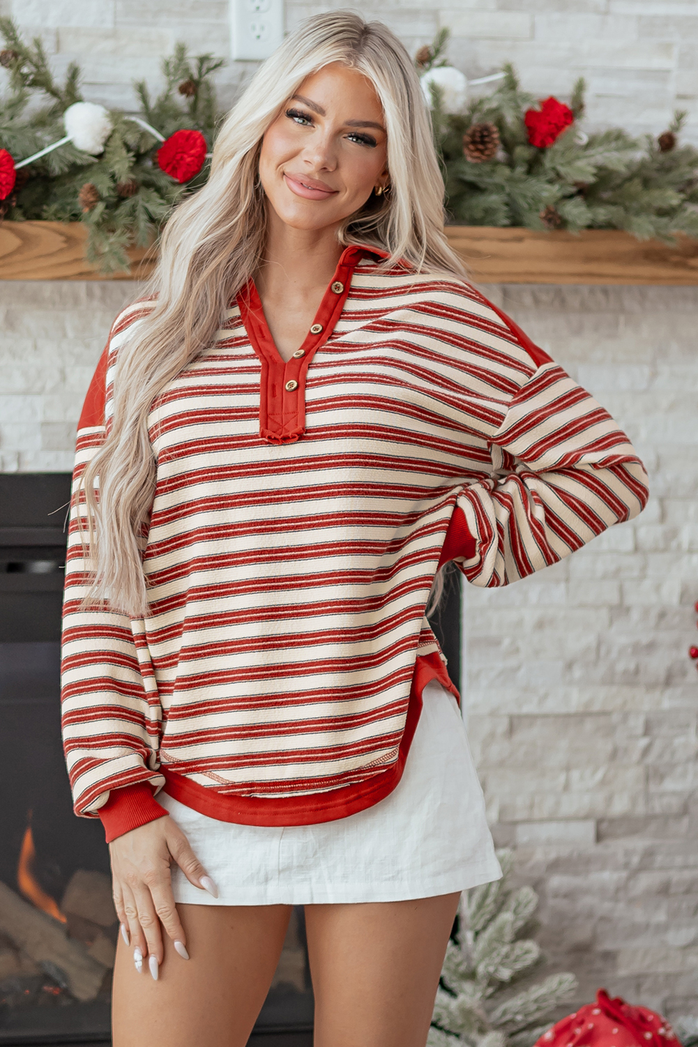 Red Stripe Buttoned V Neck Collared Drop Shoulder Top - loveforevers