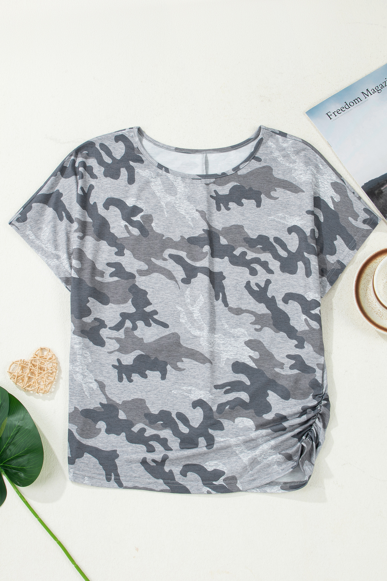 Gray Camouflage Print Round Neck T Shirt - loveforevers
