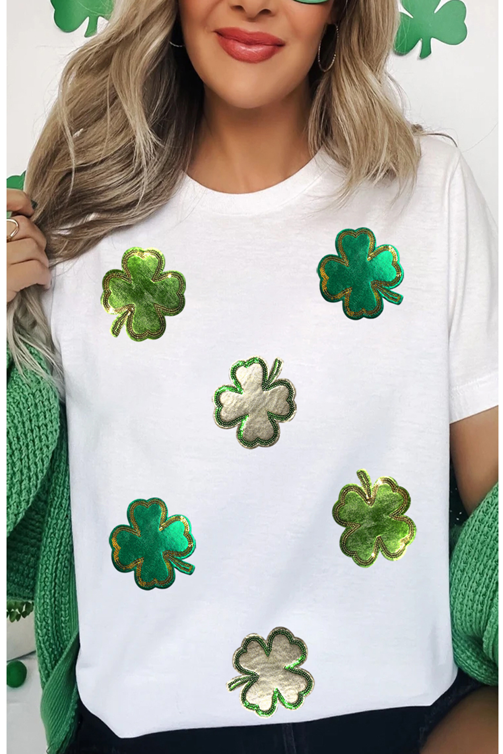 White St.Patrick Clover Crew Neck T Shirt - loveforevers