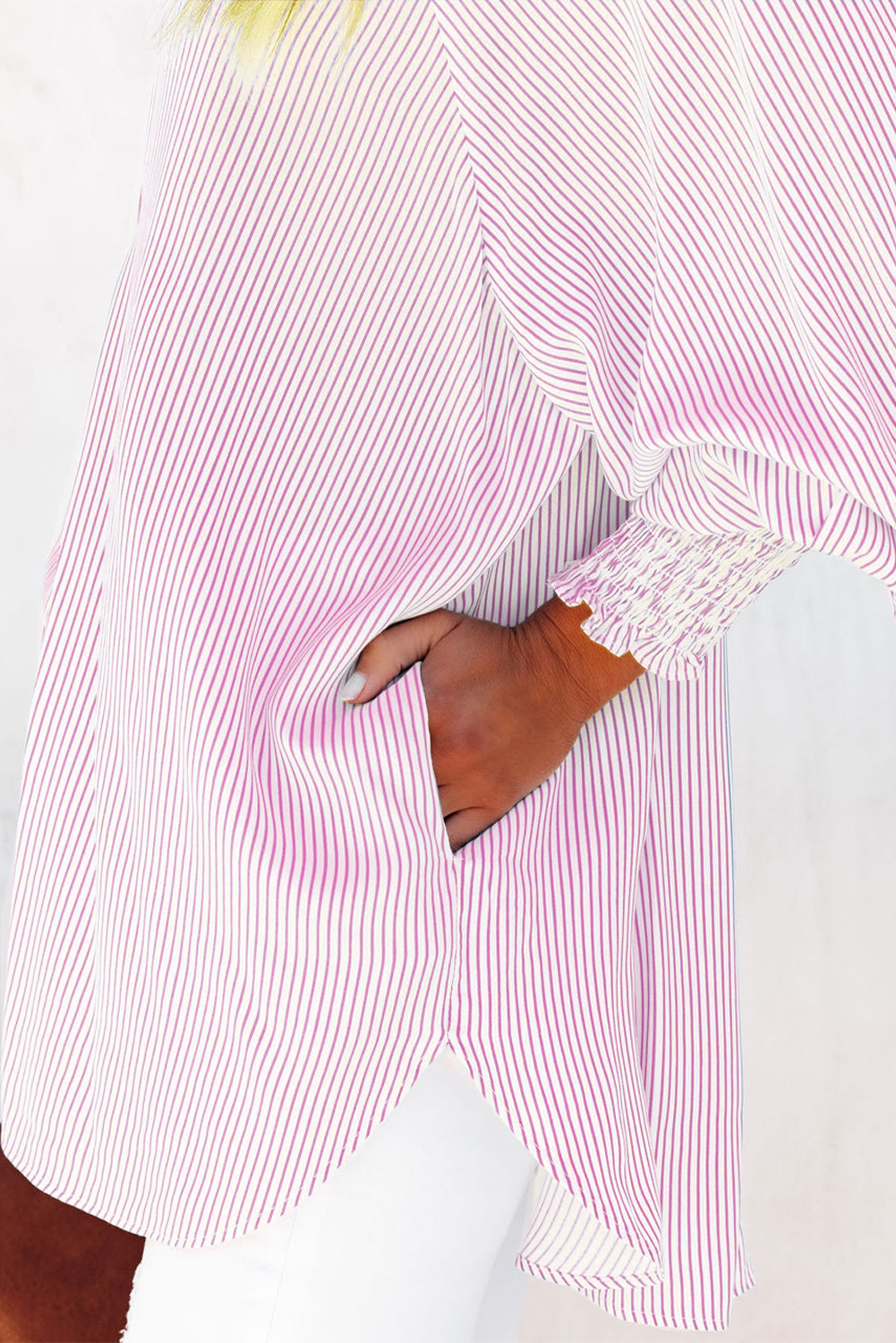 Red Stripe Smocked Cuffed Striped Boyfriend Shirt with Pocket - loveforevers