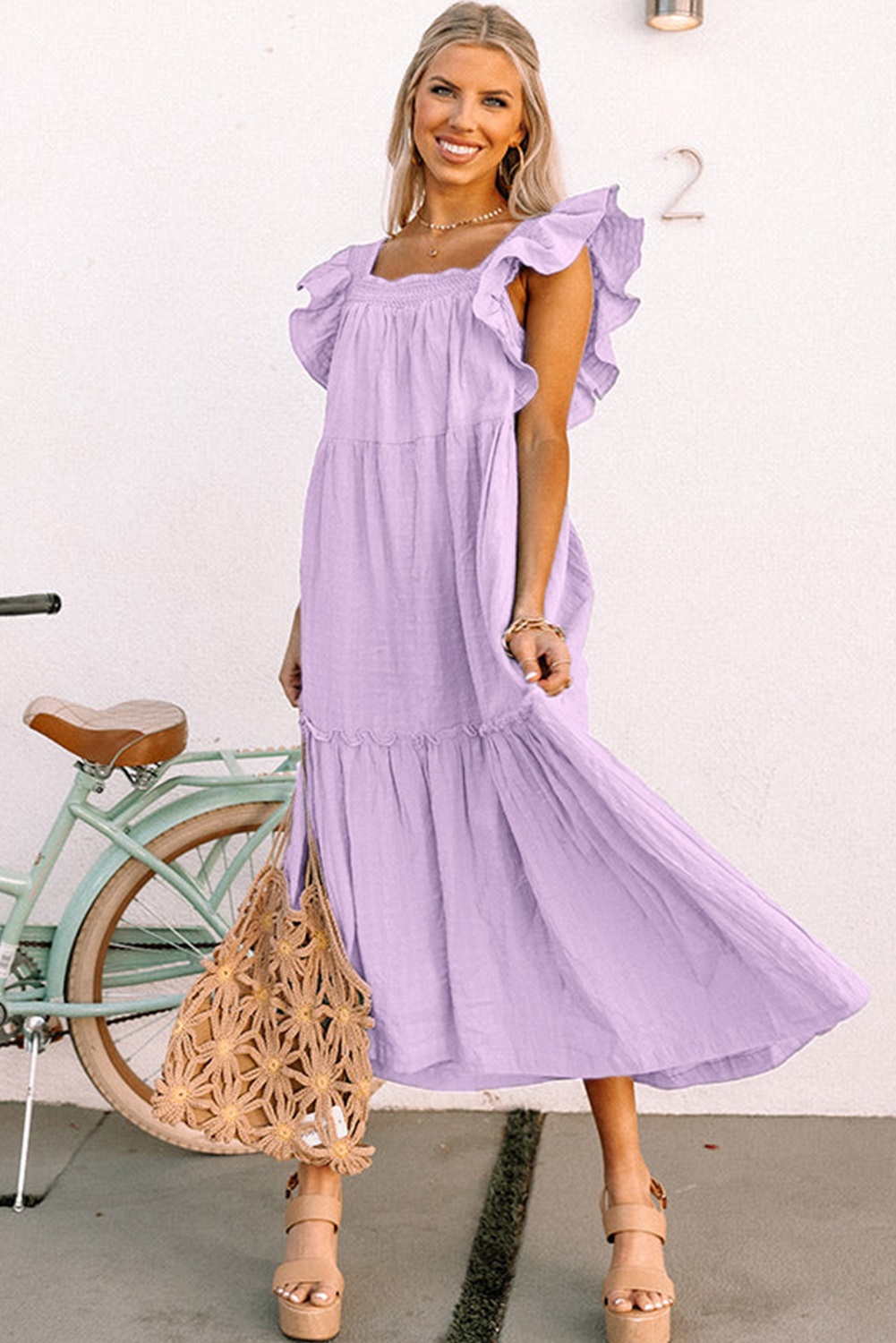 Sky Blue Ruffled Flutter Sleeve Square Neck Textured Tiered Maxi Dress - loveforevers