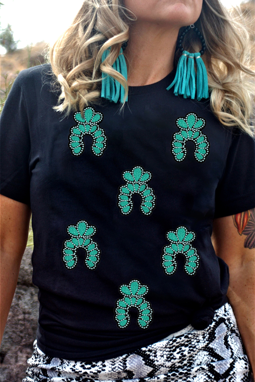 Black Western Turquoise Pattern Sequin Patched T Shirt - loveforevers