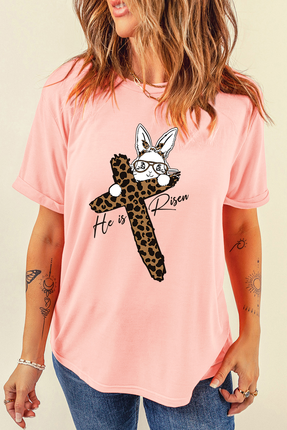 Pink He is Risen Easter Bunny Leopard Cross Graphic Tee - loveforevers