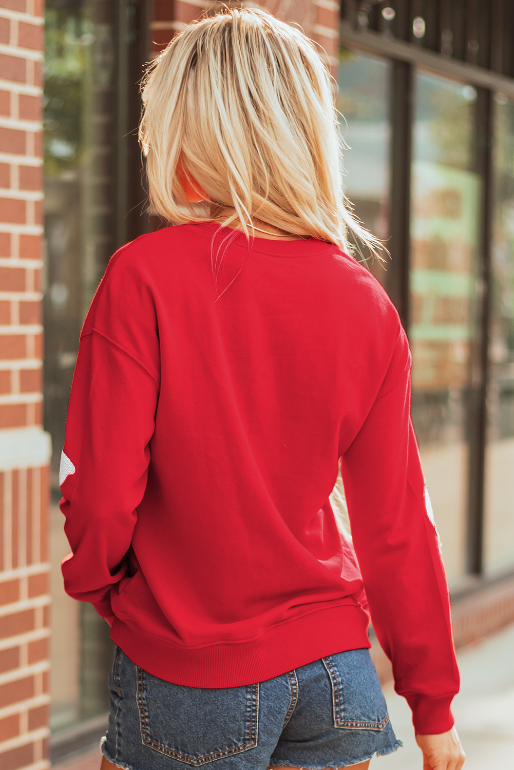 Red Sequin Baseball Bow Patched Pattern Game Day Pullover Sweatshirt - loveforevers
