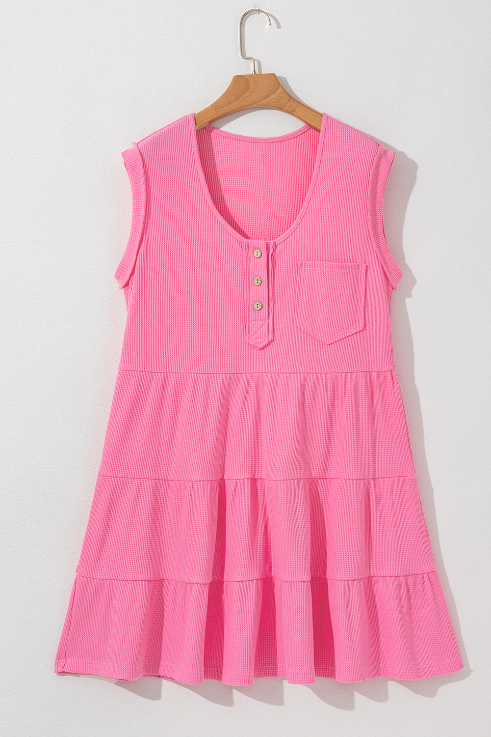 Bright Pink Waffle Textured Button Round Neck A-line Tiered Sleeveless Dress - loveforevers