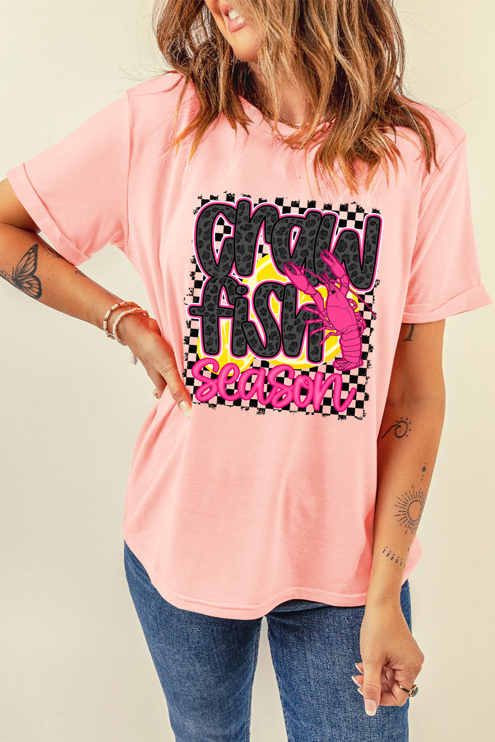 Pink Crawfish Season Graphic Casual Tee - loveforevers
