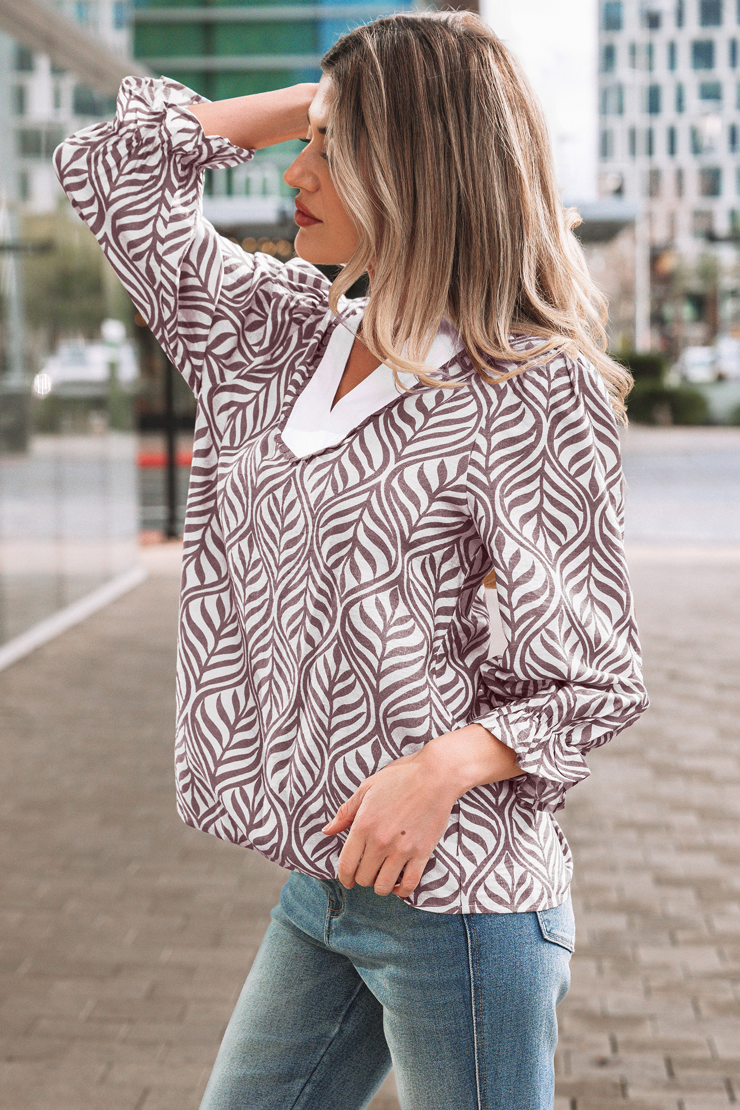 Brown Leaf Print Standing Collar Puff Sleeve Top - loveforevers
