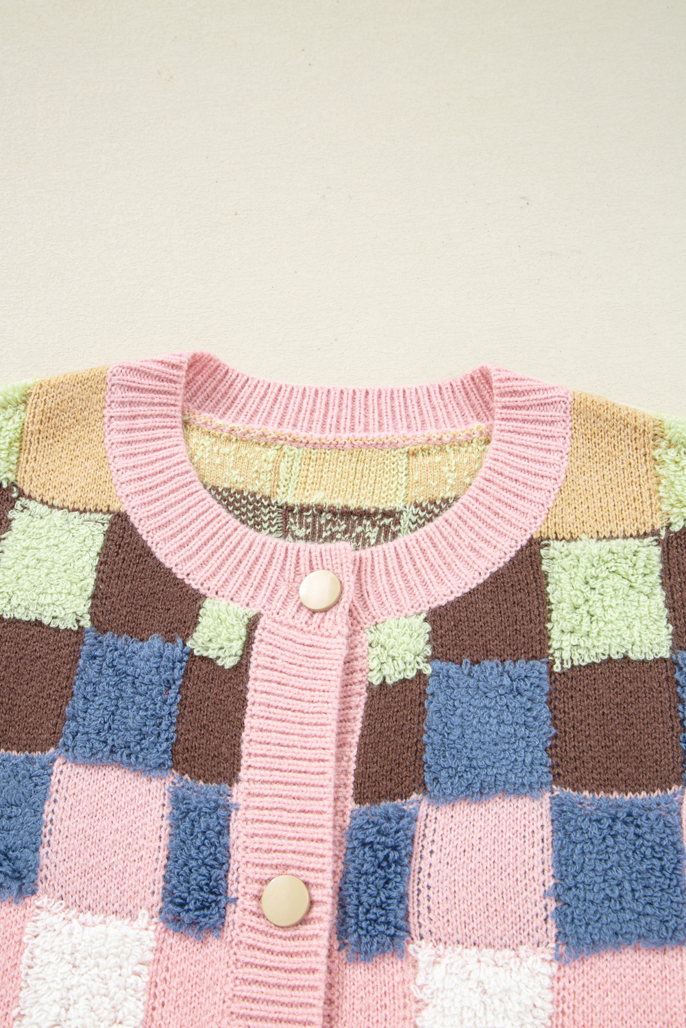 Multicolour Plush Checkered Pattern Button Front Cardigan Sweater - loveforevers