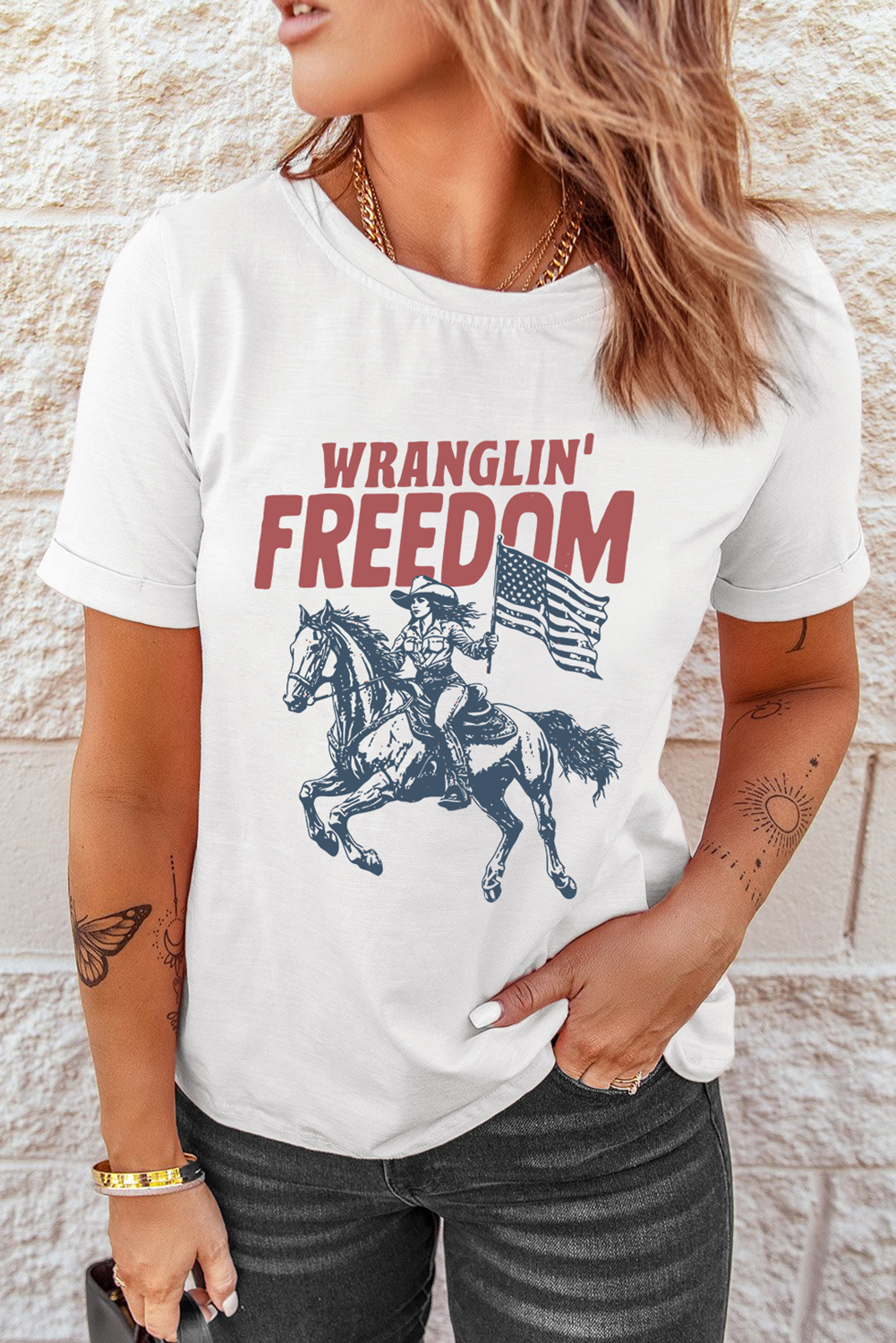 White WRANGLIN FREEDOM Rodeo Graphic Tee - loveforevers