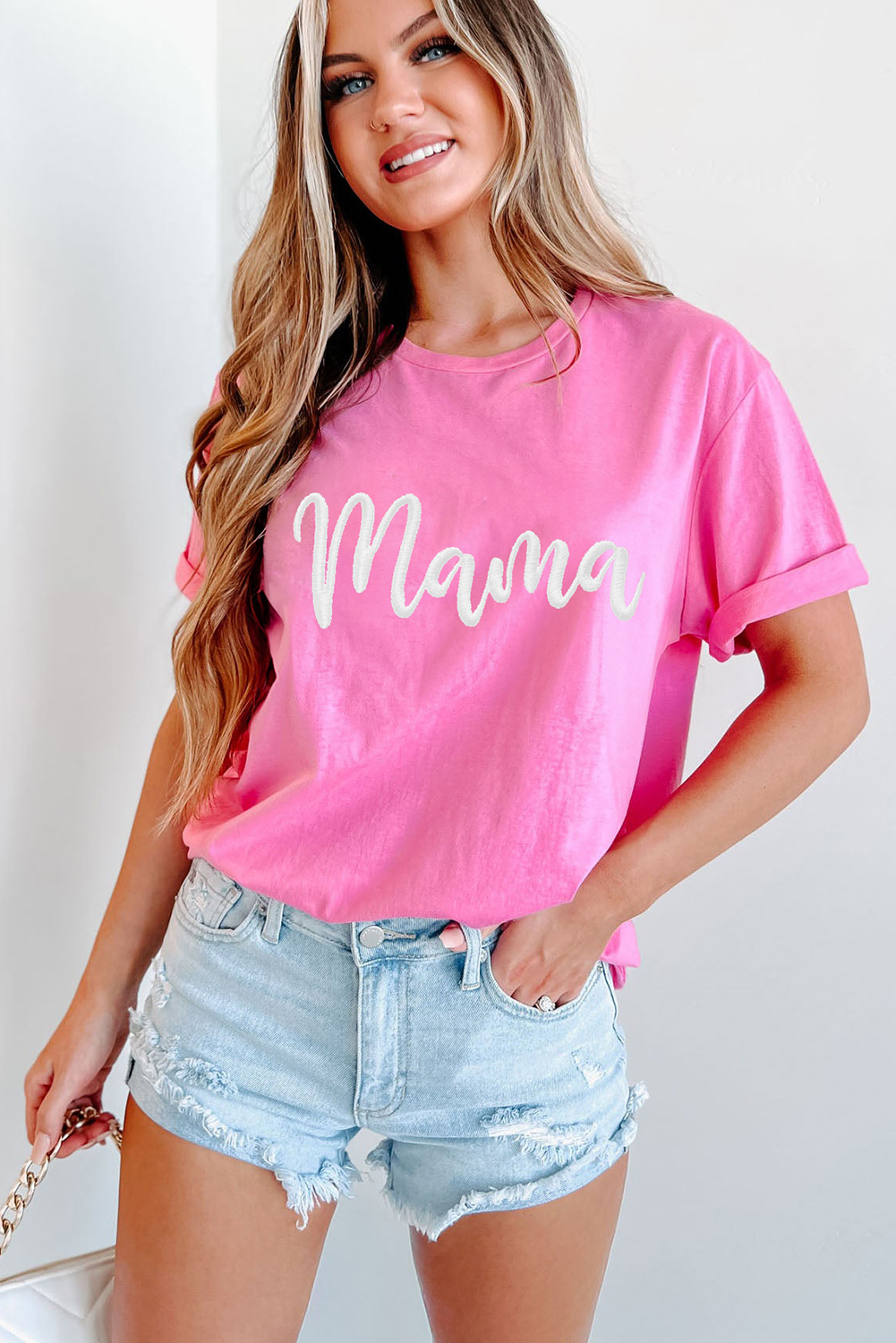 Sachet Pink mama Embroidered Graphic Crewneck Mothers Day T Shirt - loveforevers