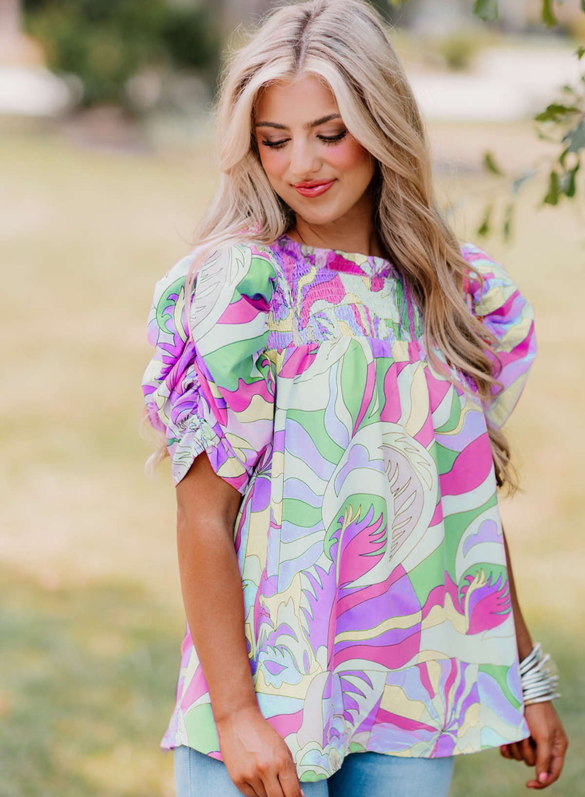 Green Abstract Print Bubble Sleeve Smock Detail Blouse - loveforevers