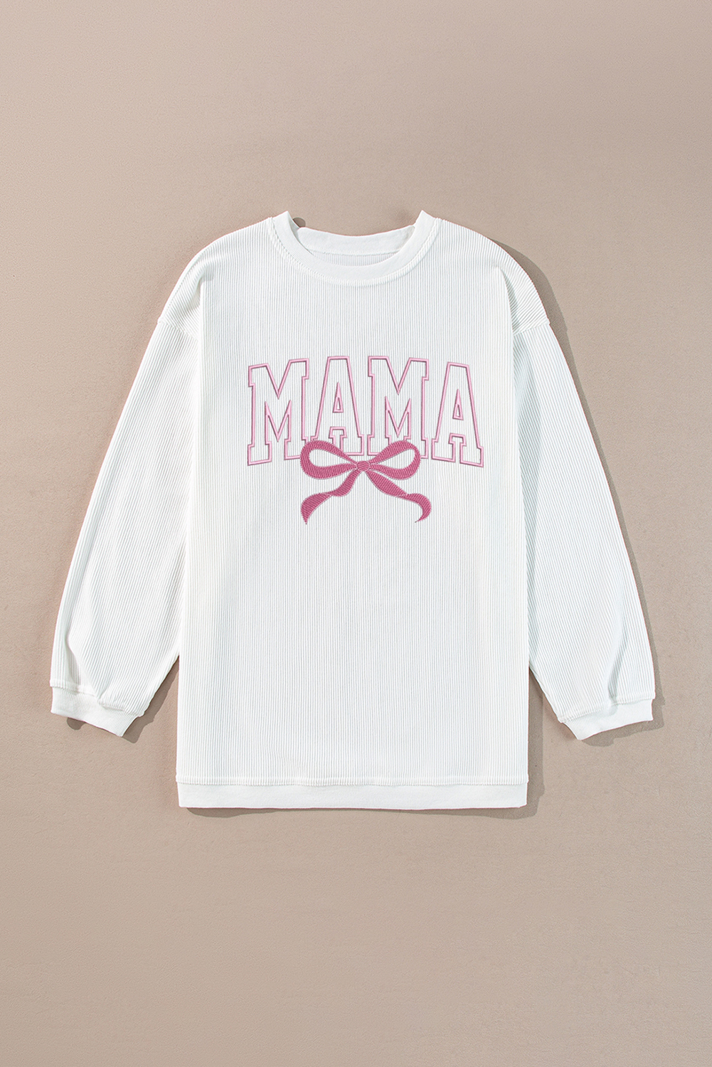 White MAMA Bowknot Embroidered Ribbed Pullover Sweatshirt - loveforevers