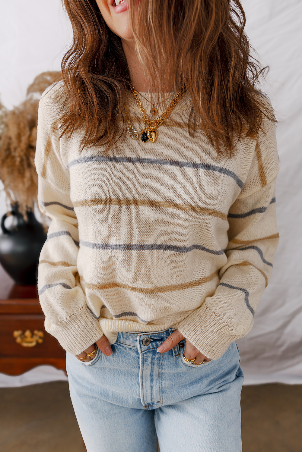 Multicolour Striped Buttoned Front V Neck Drop Shoulder Cardigan Sweater - loveforevers