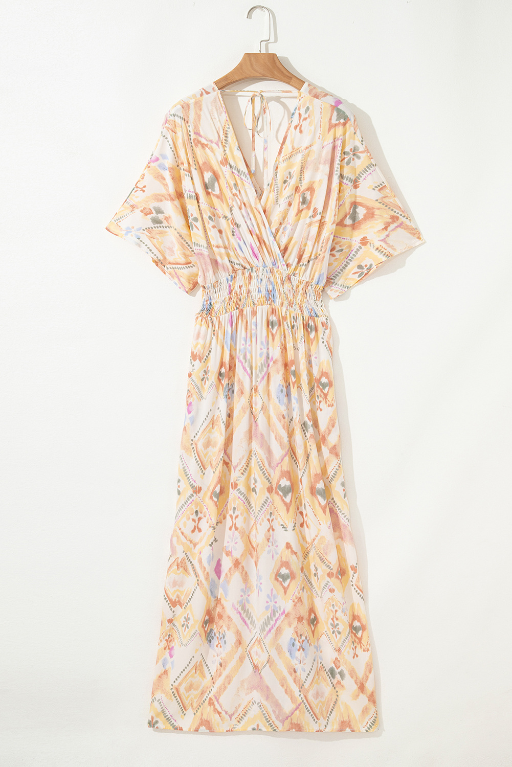 Multicolour Geometric Print Half Sleeve Shirred High Waist Maxi Dress - loveforevers