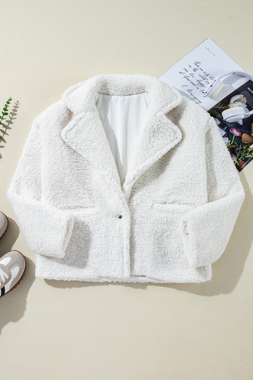 Beige Faux Fur Button Pocketed Lapel Collar Jacket - loveforevers