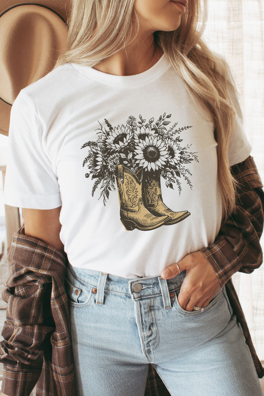 White Sunflower Cowgirl Boots Cotton Blend Graphic Tee - loveforevers