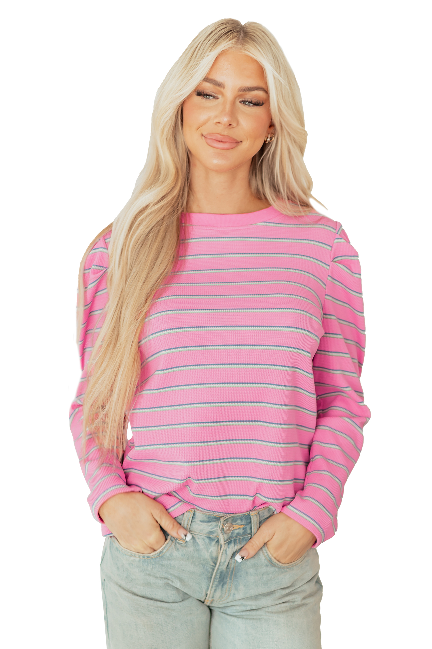 Rose Stripe Textured Knit Round Neck Long Sleeve Top - loveforevers