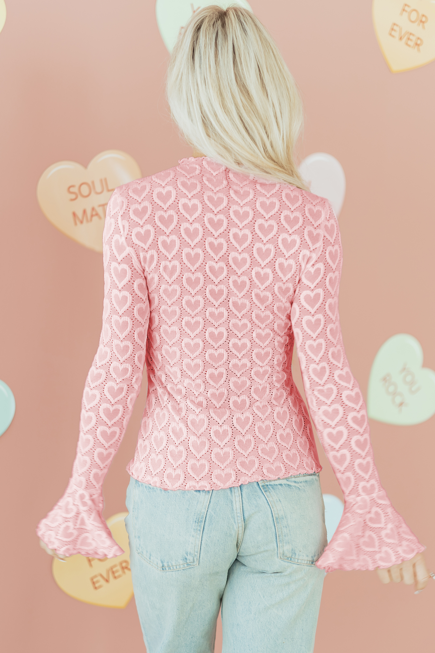 Gossamer Pink Heart Jacquard Flare Sleeve Mock Neck Fitted Top - loveforevers