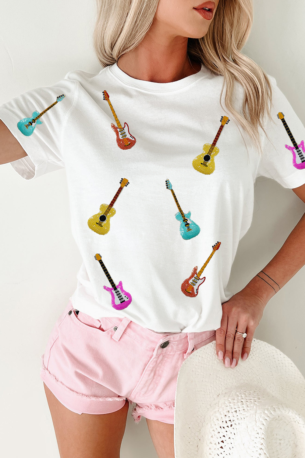 White Guitar Patched Graphic Crew Neck Tee - loveforevers