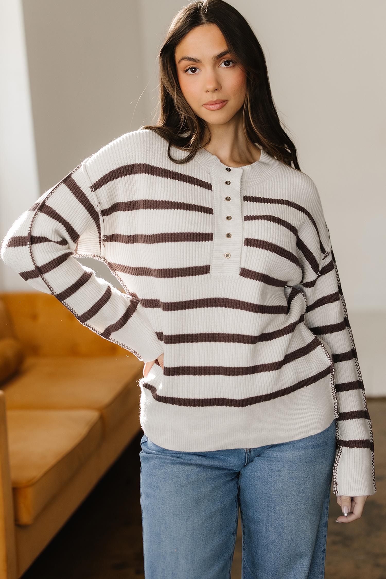Brown Stripe Ribbed Henley Drop Shoulder Slouchy Sweater - loveforevers