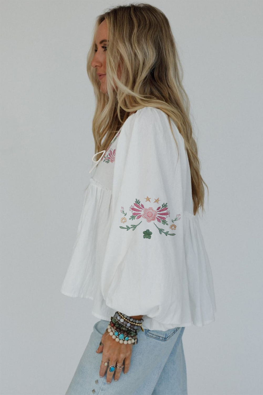 White Flower Print Lace-up V Neck Babydoll Blouse - loveforevers