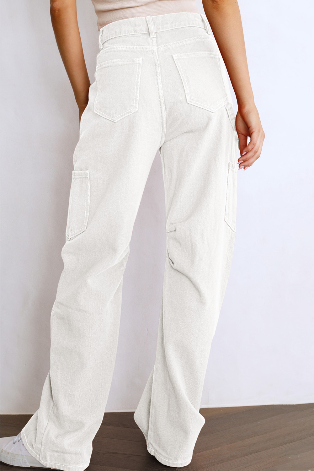 White High Waist Straight Leg Cargo Pants with Pockets - loveforevers
