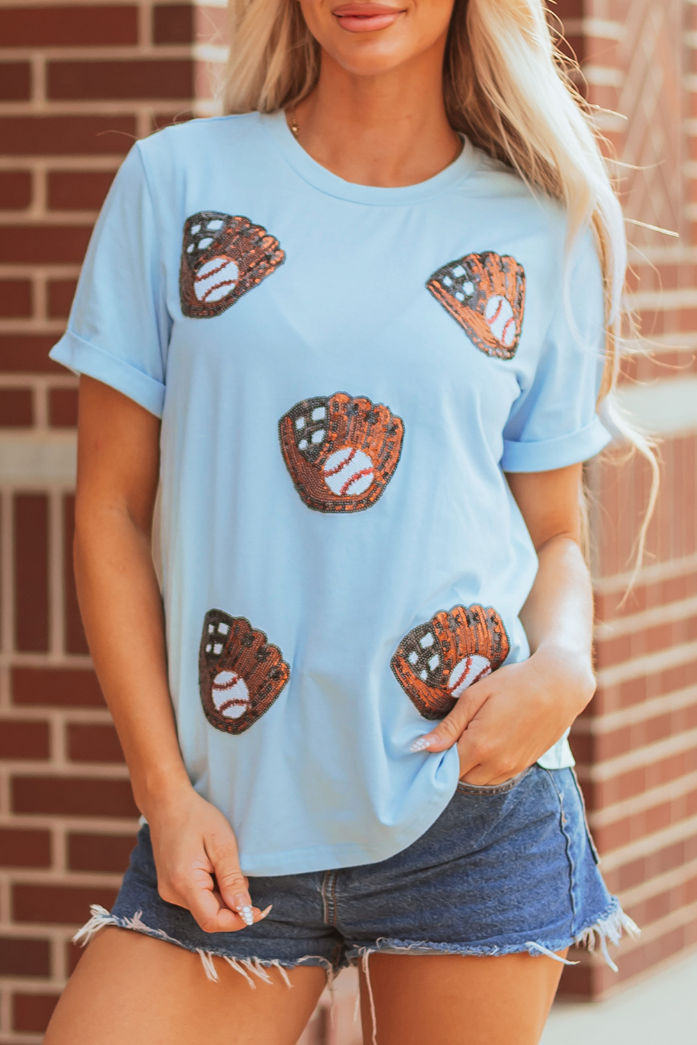 Light Blue Gopher Ball Sequin Patched Casual T Shirt - loveforevers