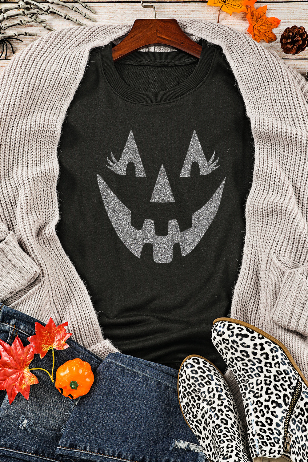 Black Spooky Face Printed Halloween Fashion Baggy Sweatshirt - loveforevers