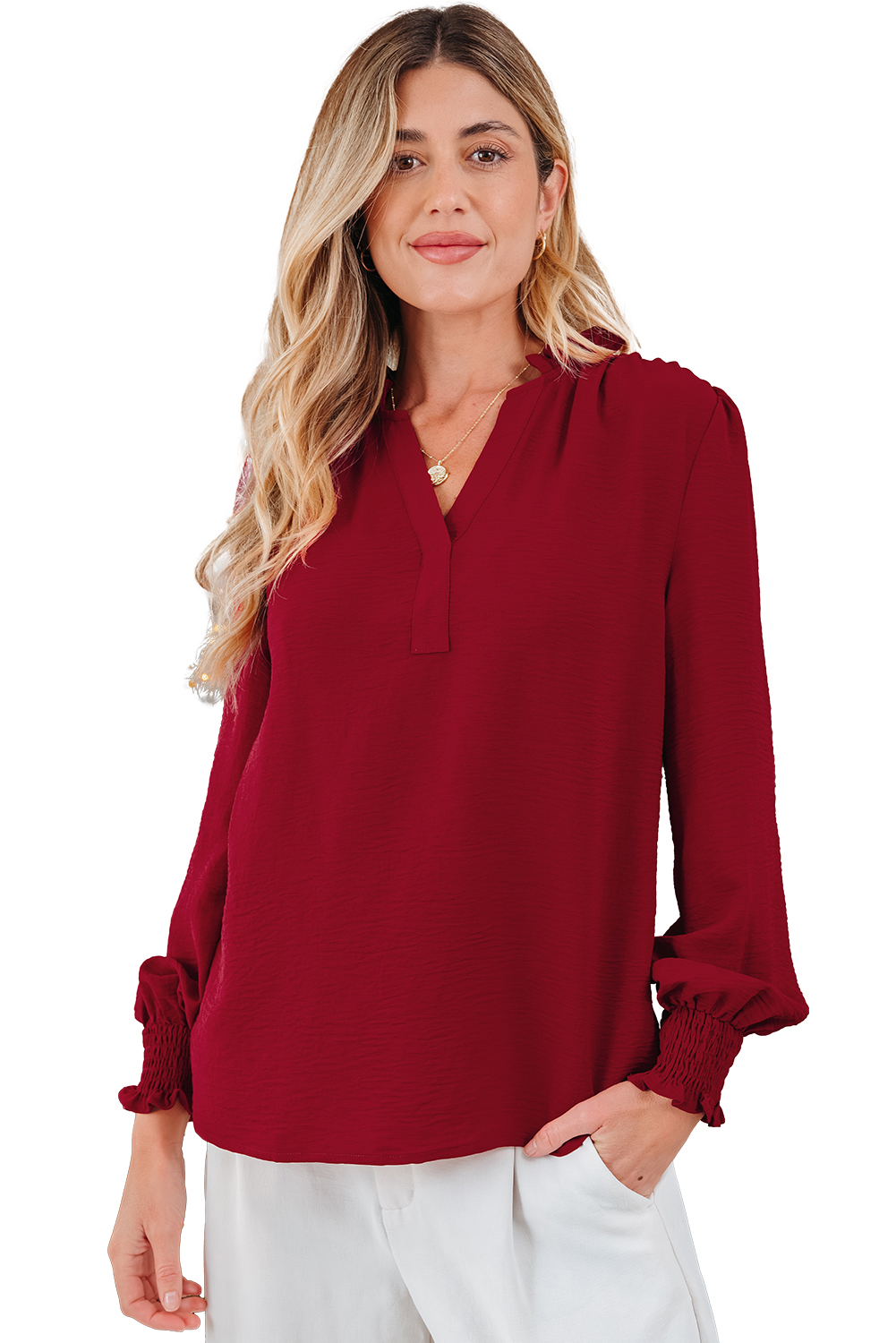 Burgundy Notched Neck Shirred Cuff Long Sleeve Blouse - loveforevers