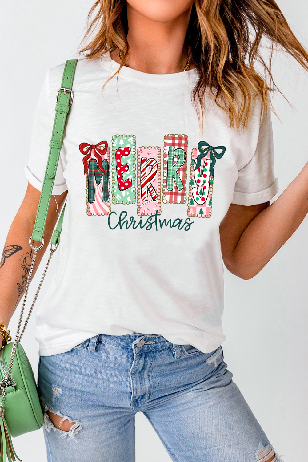 White Merry Christmas Ribbon Bow Detail Holiday Graphic Tee - loveforevers