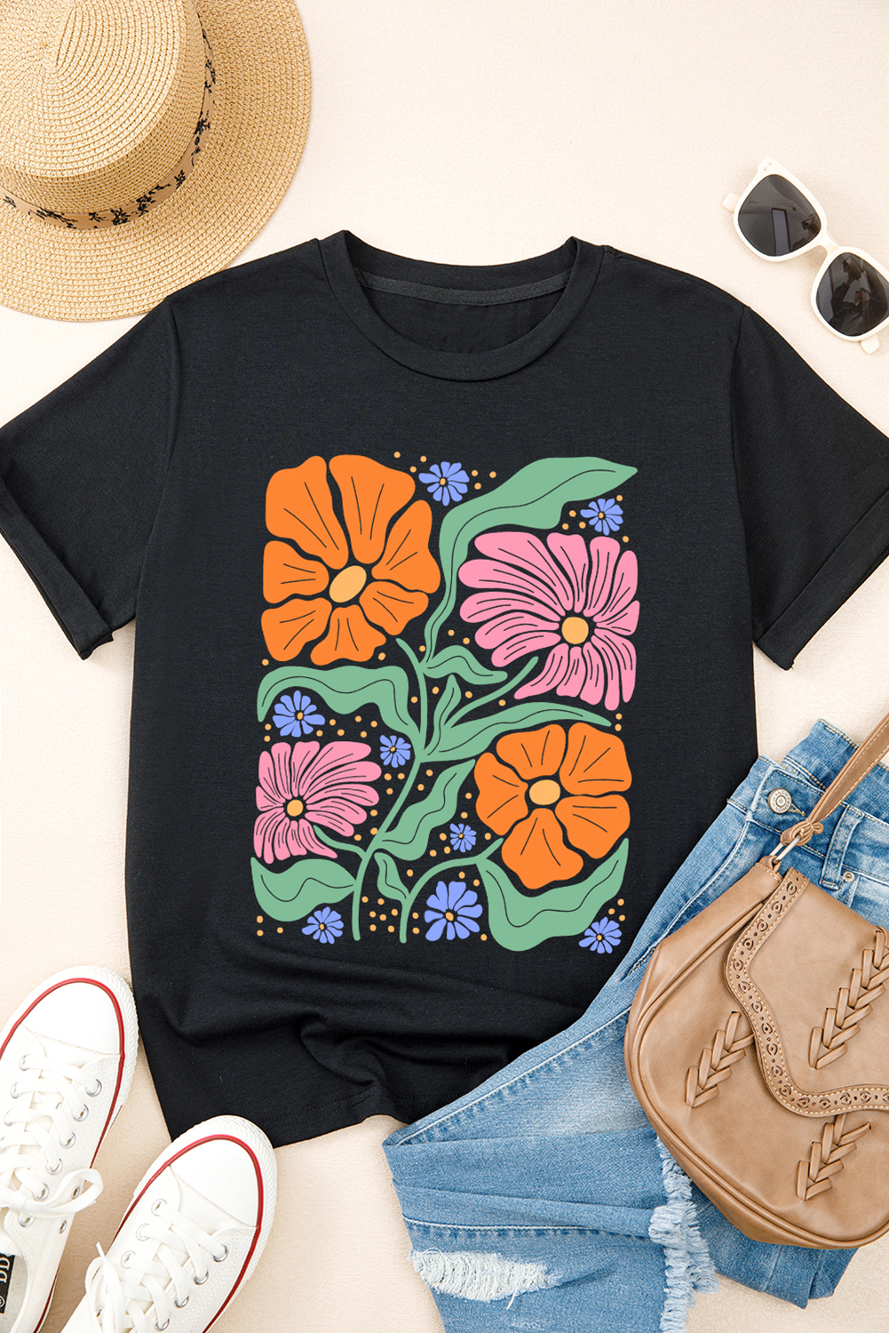 Black Colorful Flower Graphic Crewneck Summer Tee - loveforevers