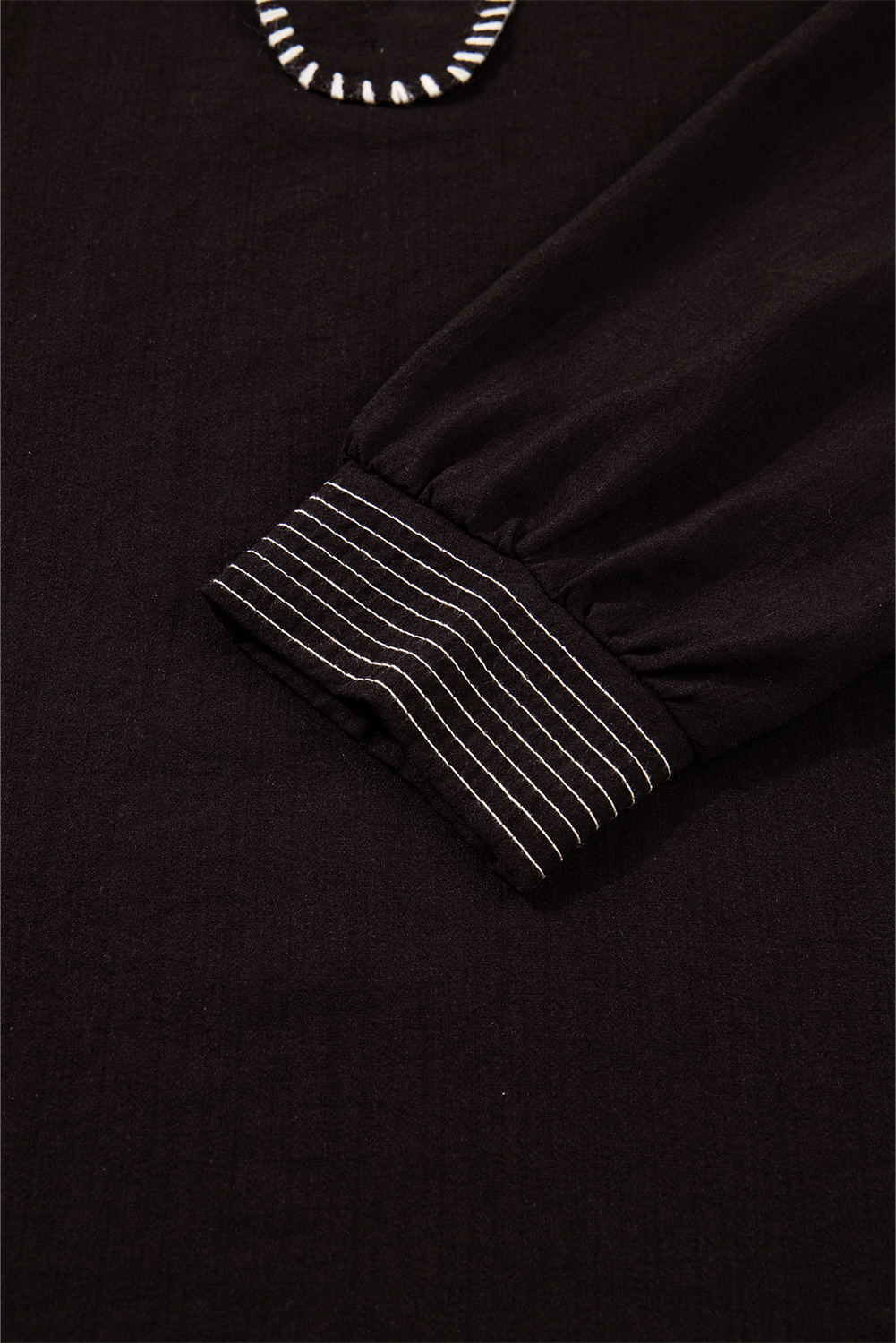 Black Contrast Stitched Detail V Neck Ruffle Long Sleeve Blouse - loveforevers