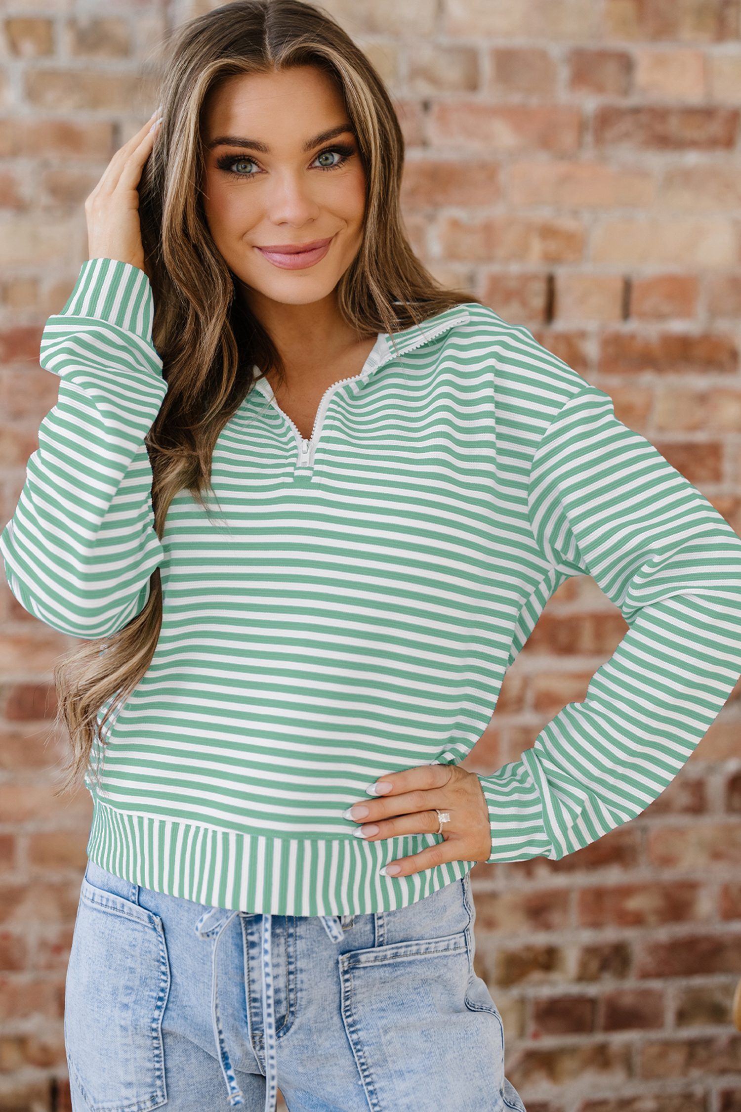 Green Stripe Quarter Zip Collar Pullover Long Sleeve Top - loveforevers