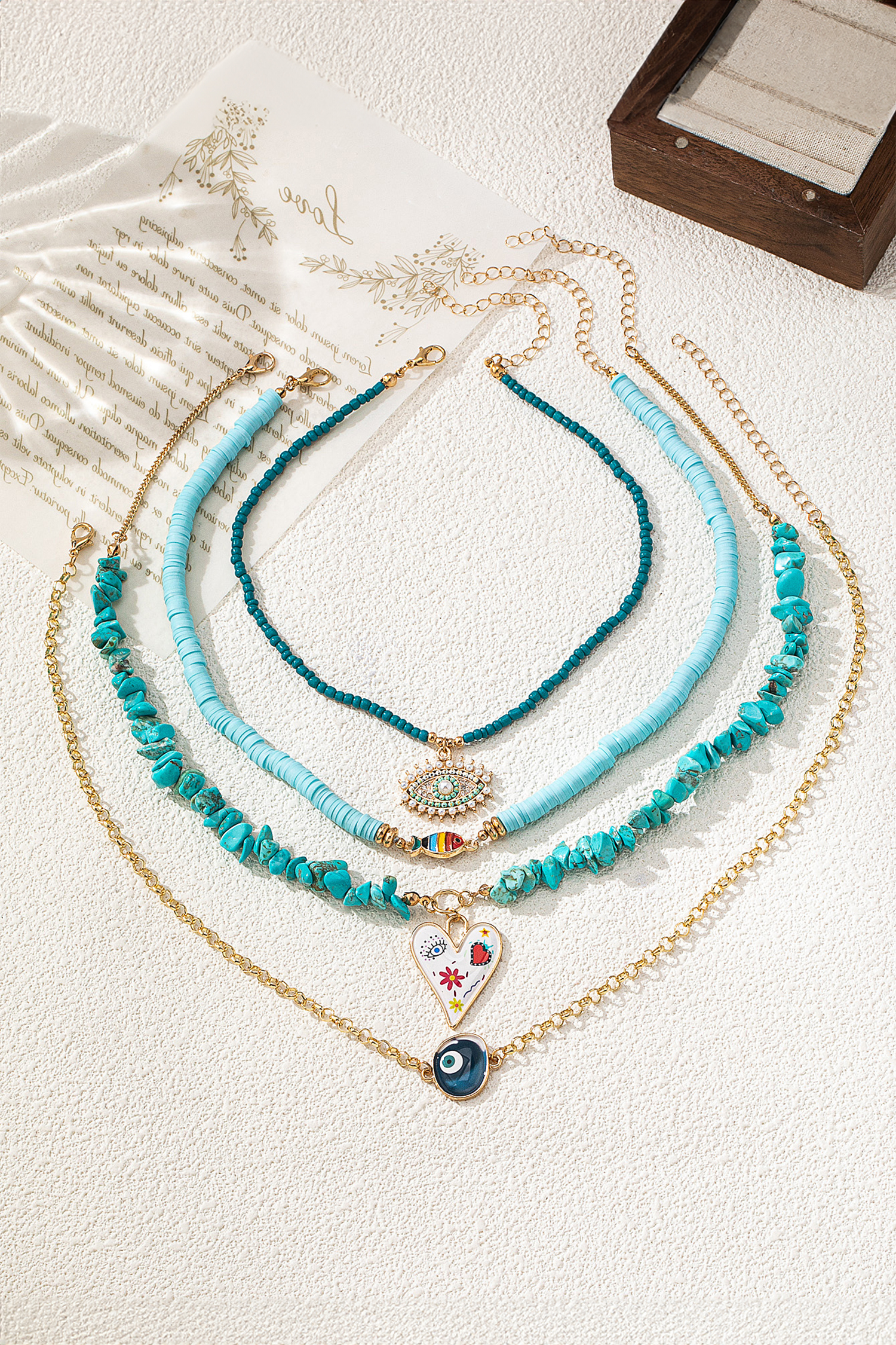 Turquoise 4 Pieces Stackable Boho Necklace Set - loveforevers