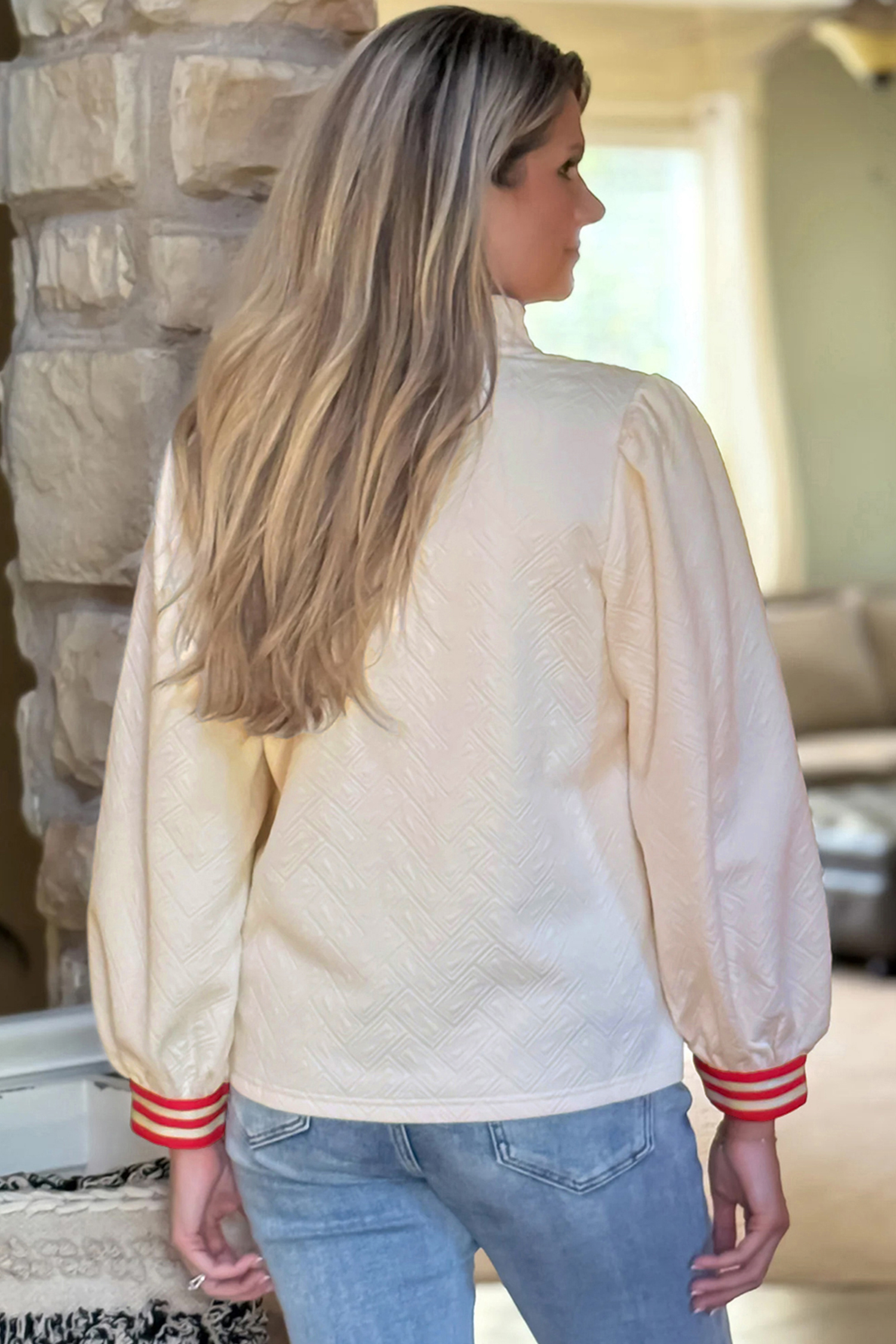 White Textured Knit Contrast Striped Accent Zipped Collar Pullover Top - loveforevers