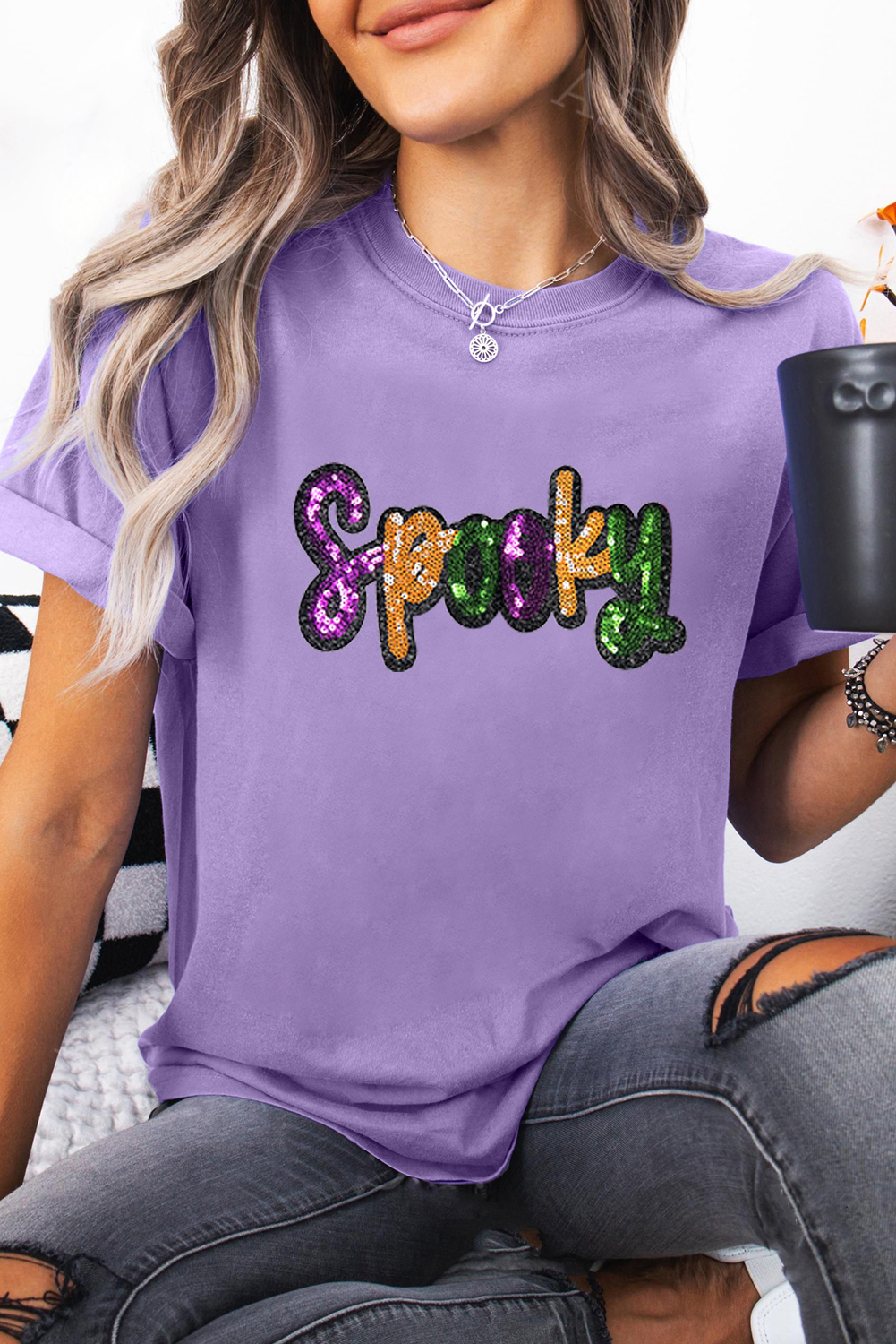 Wisteria Spooky Sequin Letter Patched Cotton Blend T Shirt - loveforevers