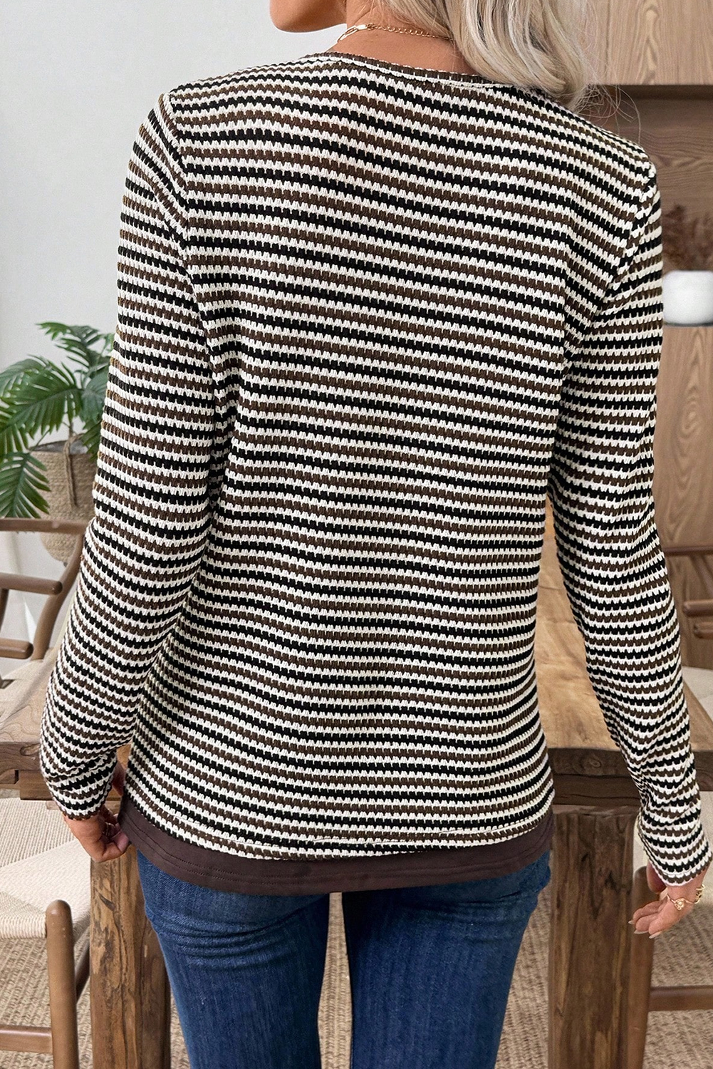 Brown Faux Two Piece Textured Striped Round Neck Long Sleeve T Shirt - loveforevers