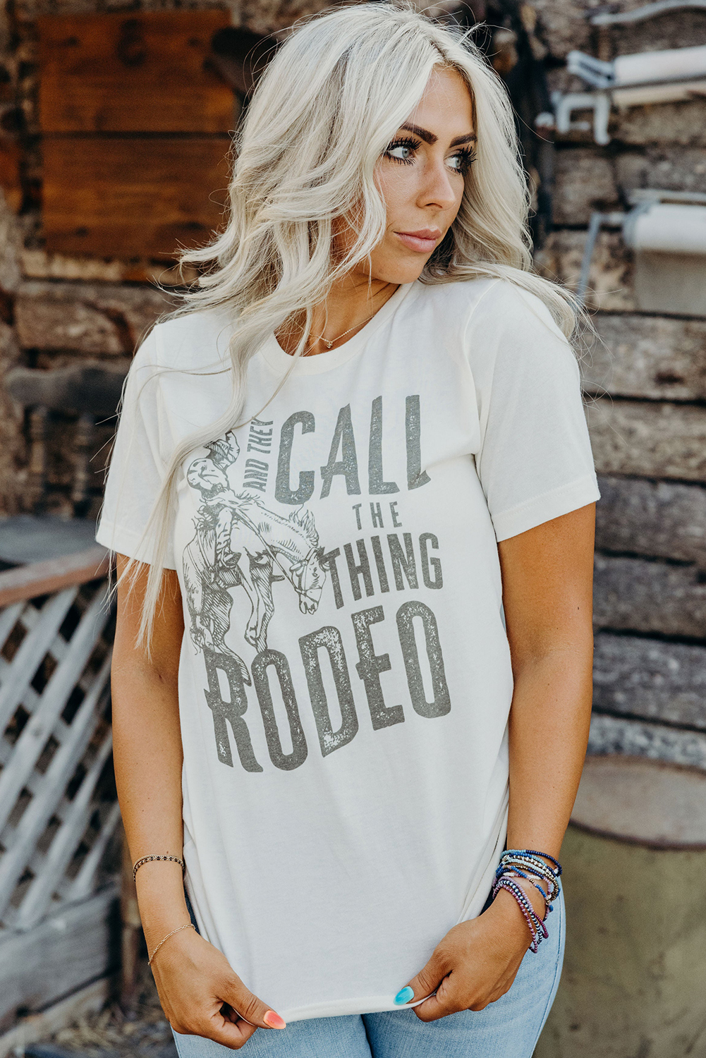 White AND THEY CALL THE THING RODEO Print Round Neck T Shirt - loveforevers