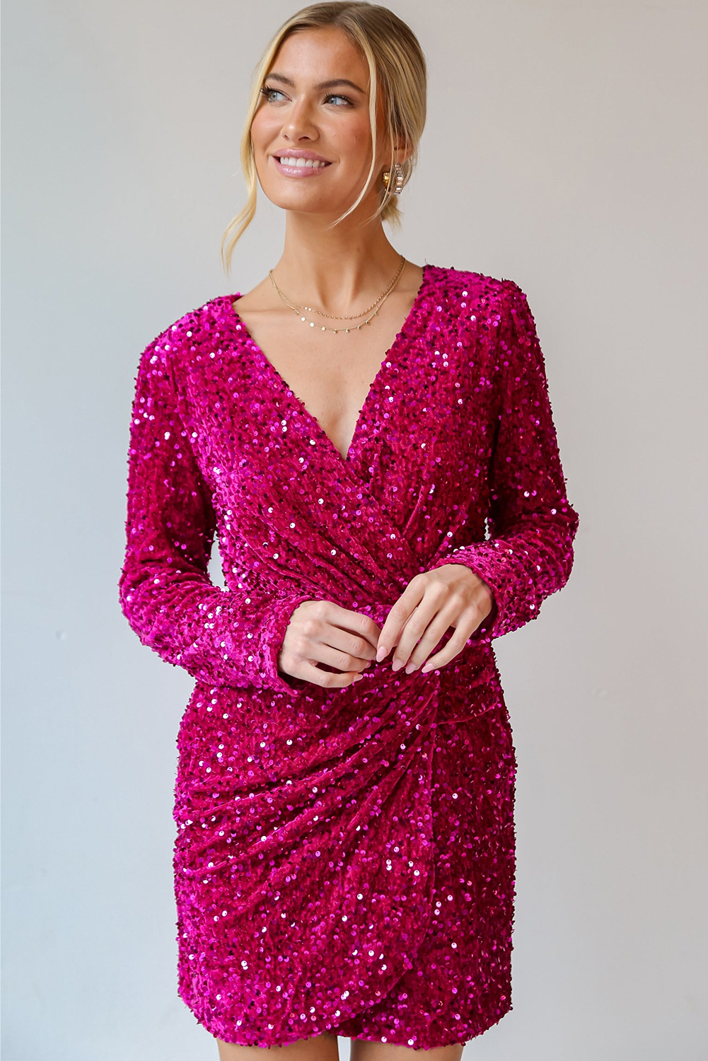 Pitaya Pink Velvet Sequin Long Sleeve V Neck Wrapped Mini Dress - loveforevers