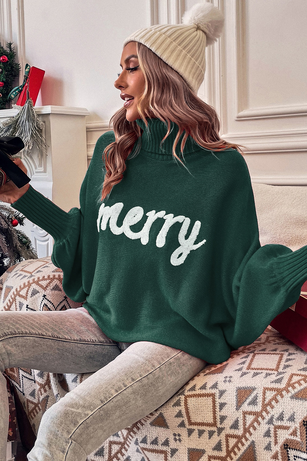 Fiery Red Merry Letter Embroidered High Neck Sweater - loveforevers
