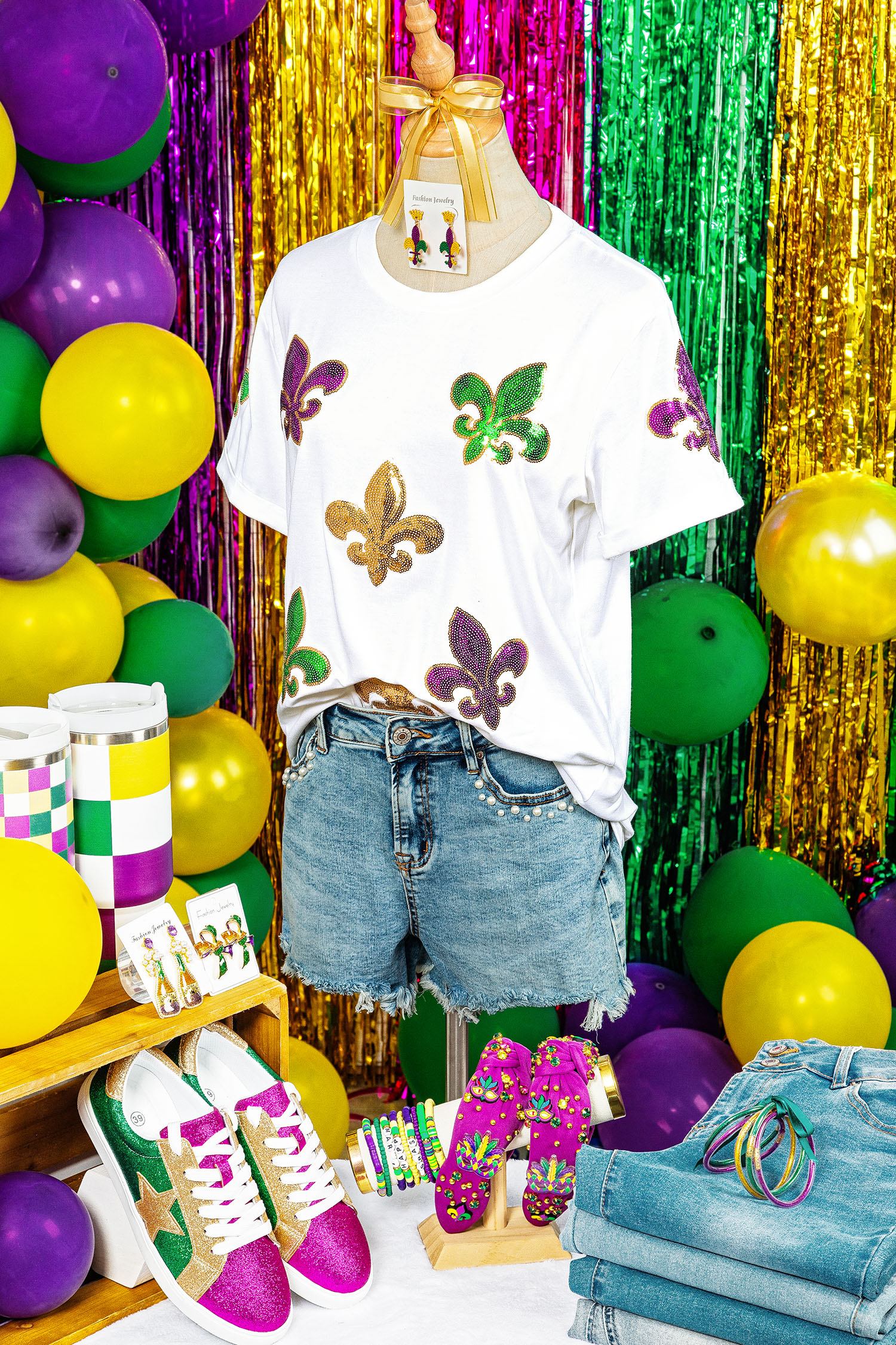 White Mardi Gras Fleur De Lis Sequin Graphic T Shirt - loveforevers