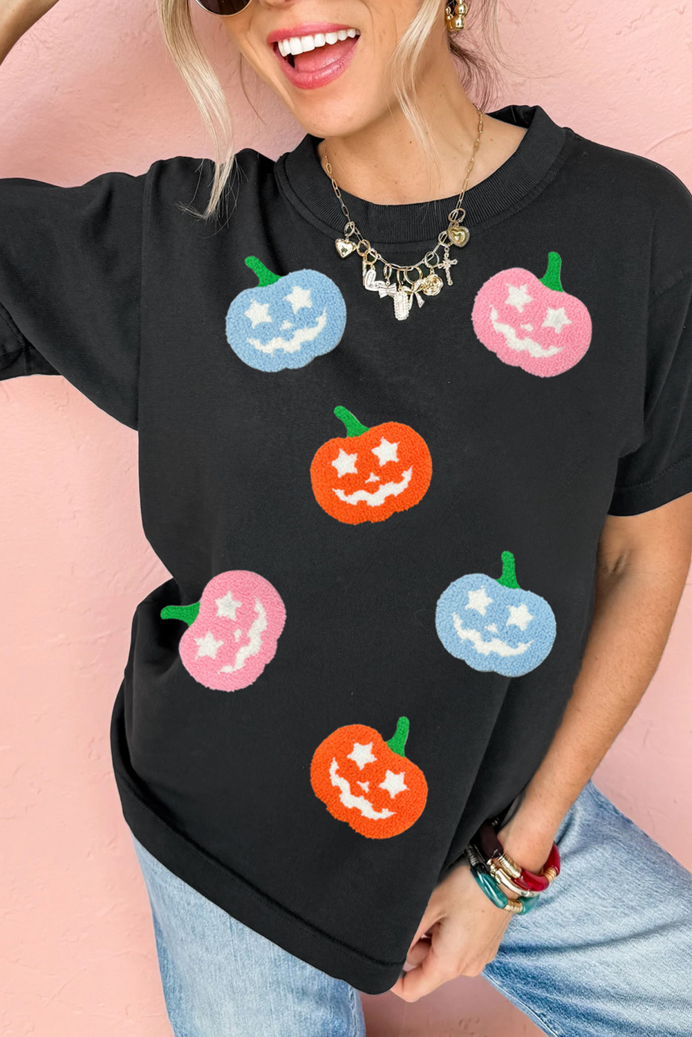 Black Chenille Pumpkin Patched Playful Halloween T Shirt - loveforevers