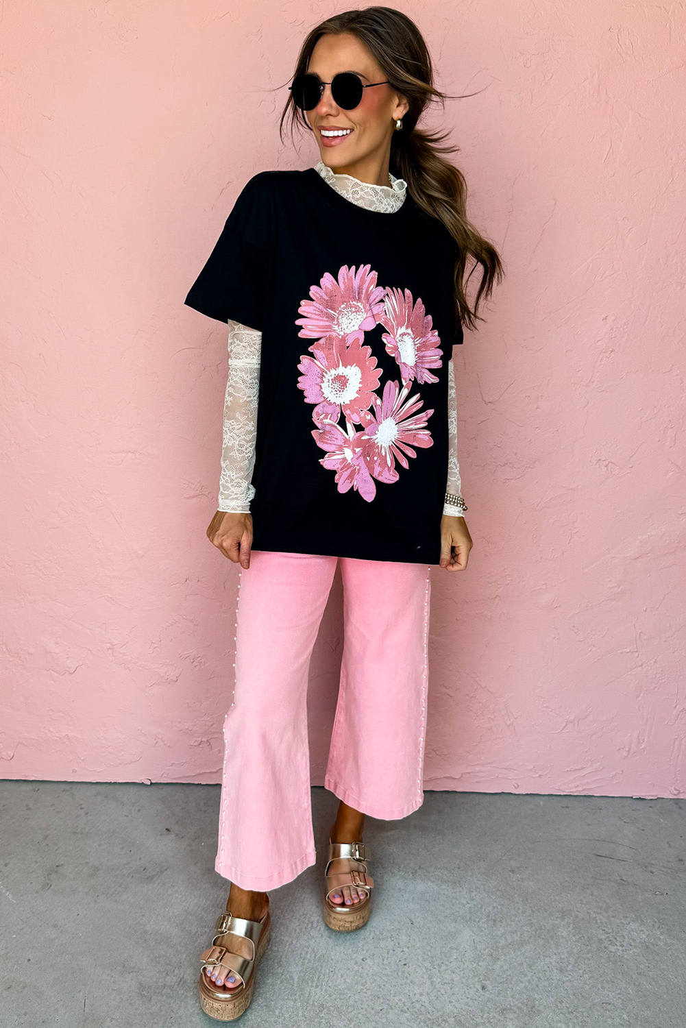 Black Pink Daisy Flower Printed Cotton Blend T Shirt - loveforevers