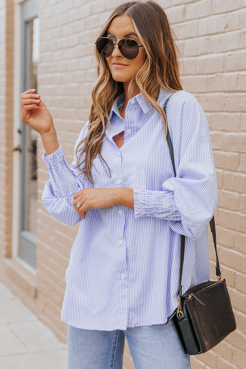 Red Stripe Smocked Cuffed Striped Boyfriend Shirt with Pocket - loveforevers