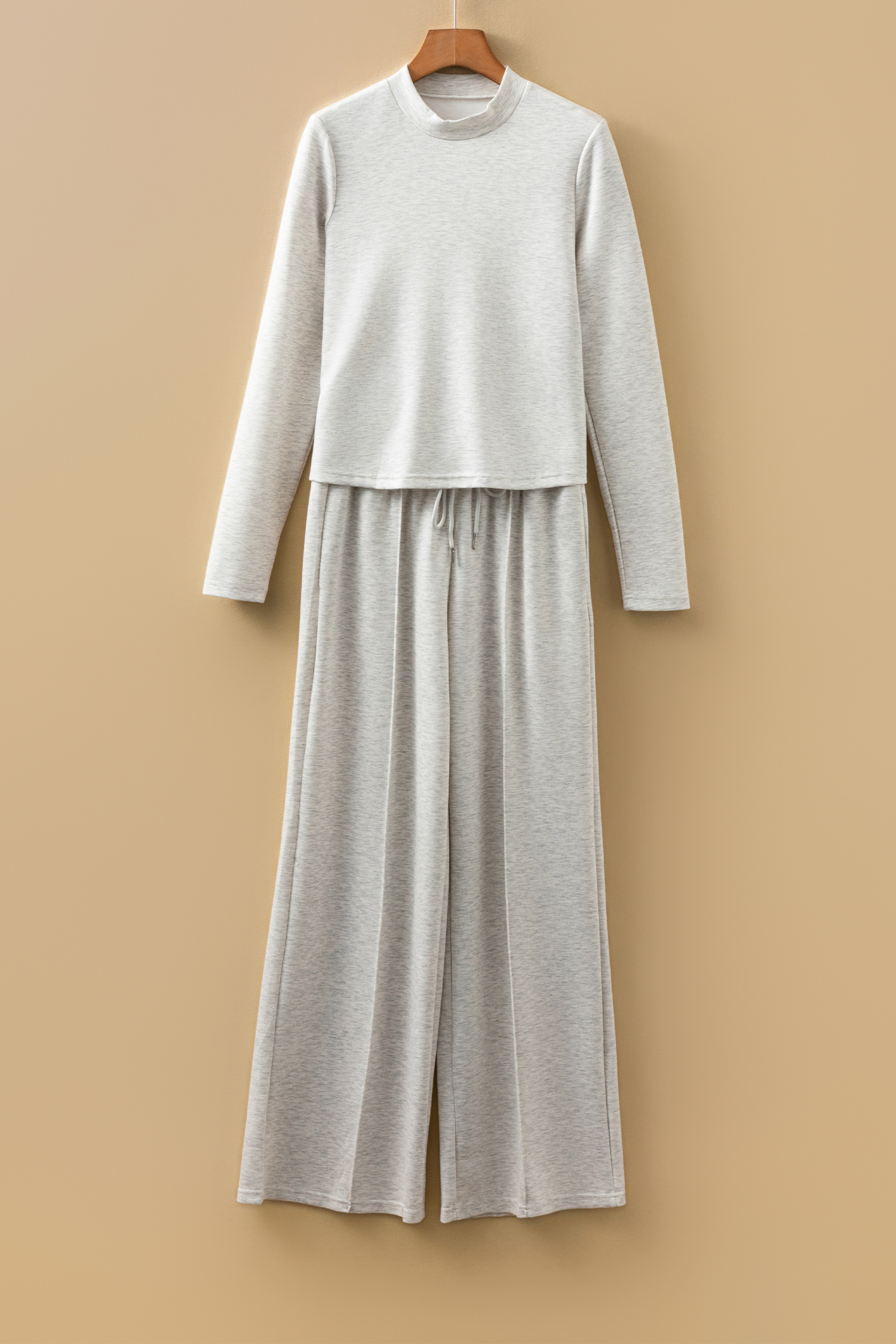 Light Grey Long Sleeve High Neck Slim Top Smocked Waist Central Seam Pants Set - loveforevers