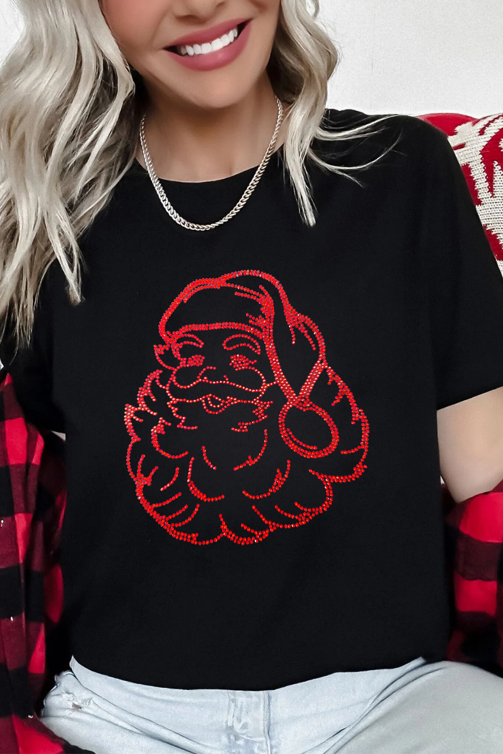 Black Rhinestone Santa Claus Christmas Graphic T Shirt - loveforevers