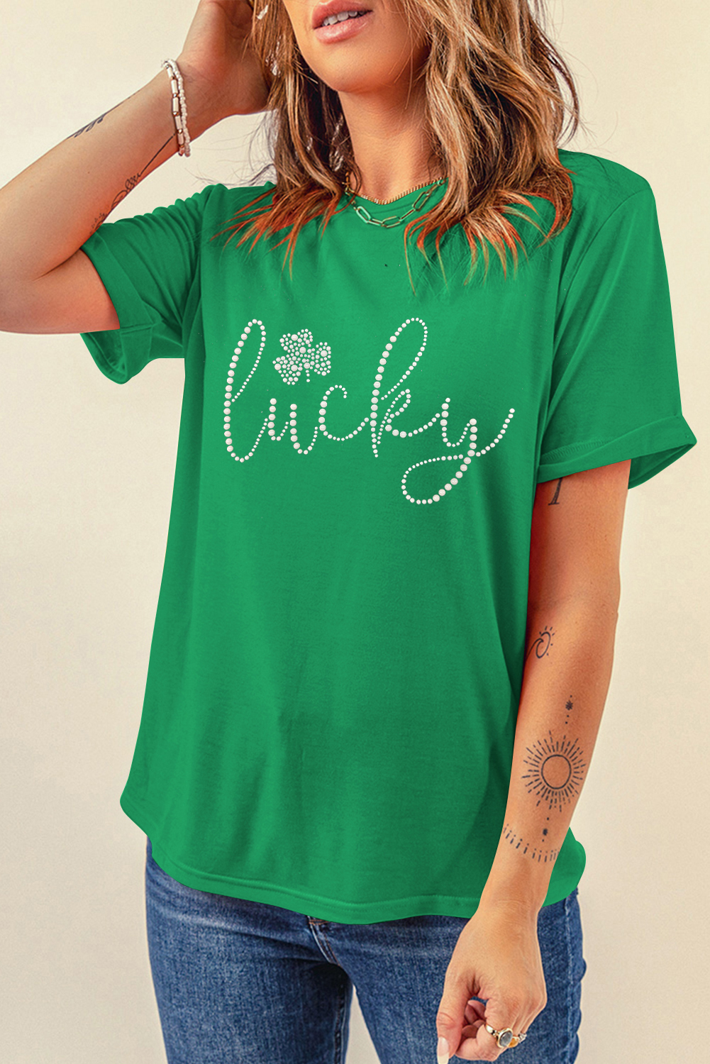 Bright Green Ceramic Rhinestone Lucky Clover Graphic Tee - loveforevers