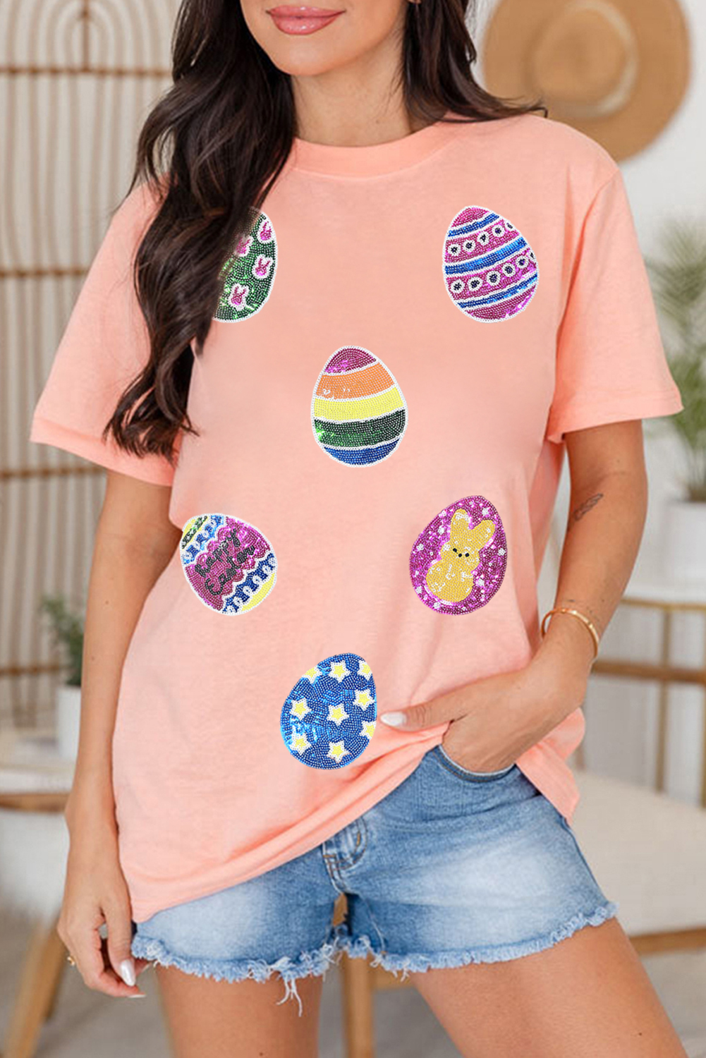Pink Sequin Easter Eggs Graphic Crewneck T Shirt - loveforevers
